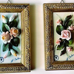 Capodimonte 3D Framed flowers Pair of signed Visconti Mollica made in Italy